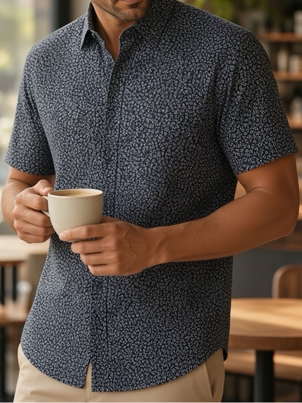 LULULEMON Stretchy Blue Patterned Airing Easy Short Sleeve Button Down L-XL